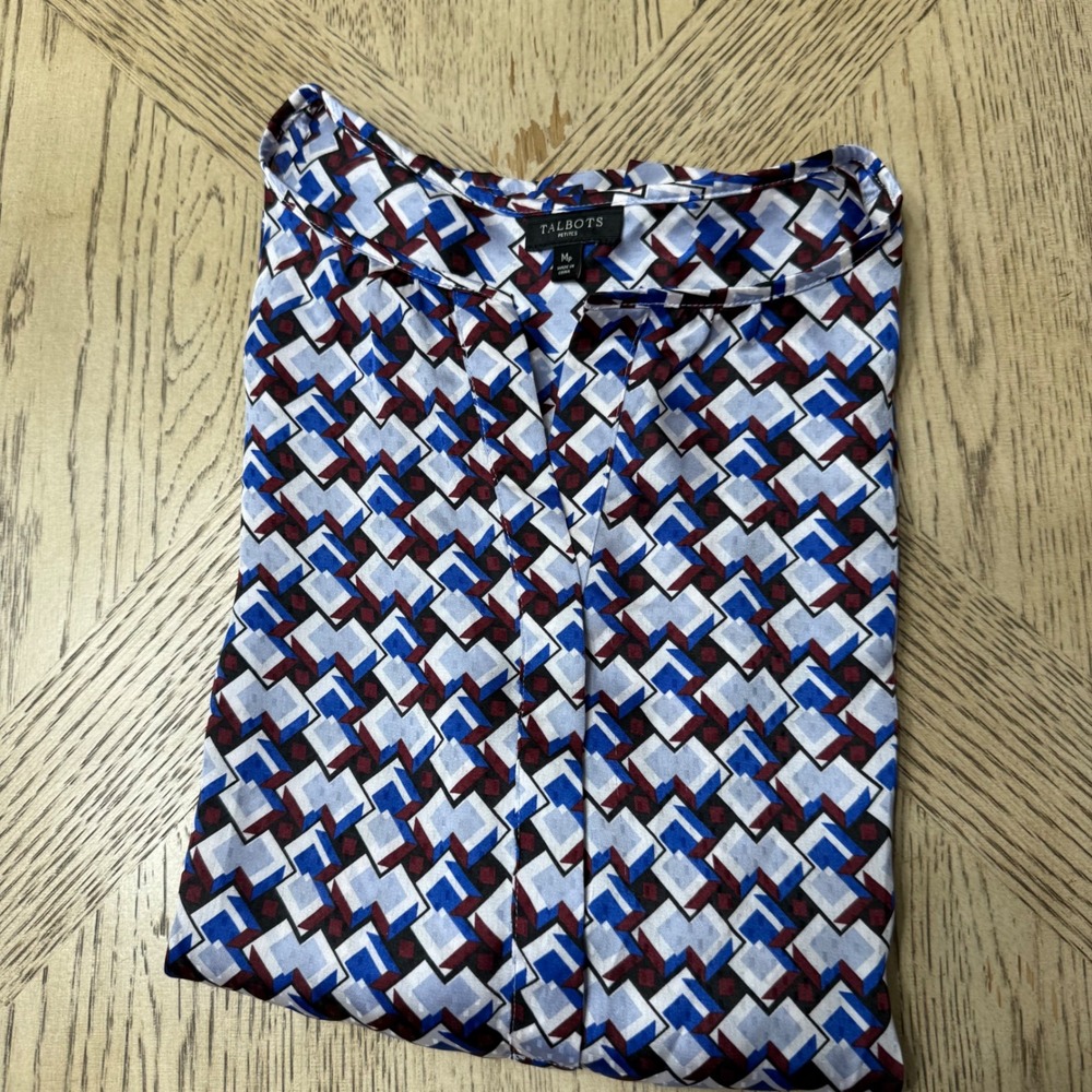 Talbots Petites Women's Medium Petite Geometric‎ Print Top Blouse Long Sleeve